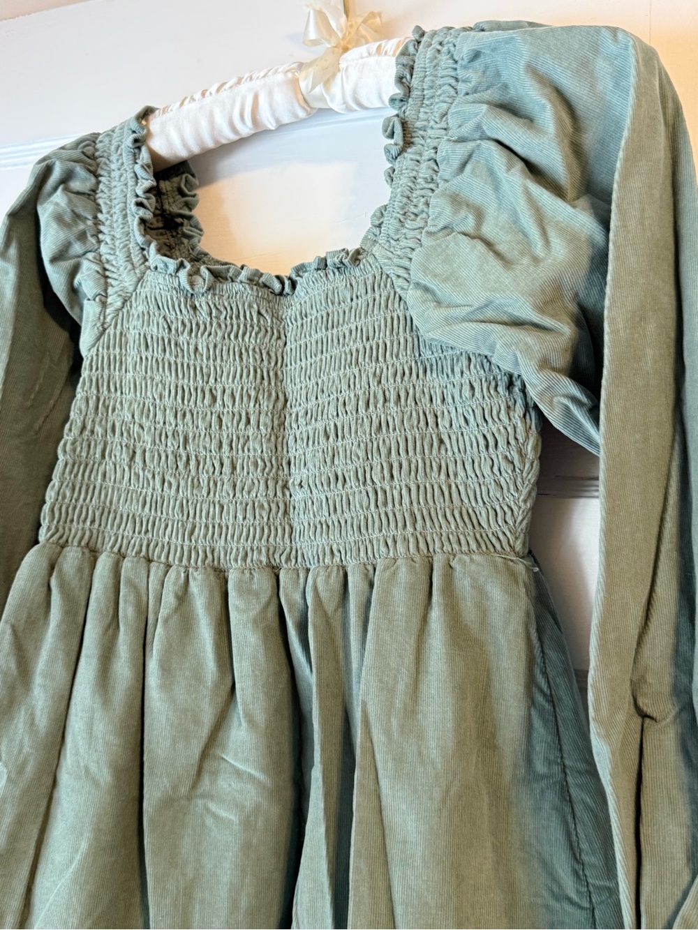 American Eagle Sage Babydoll Rouched Tiered Corduroy Dress small